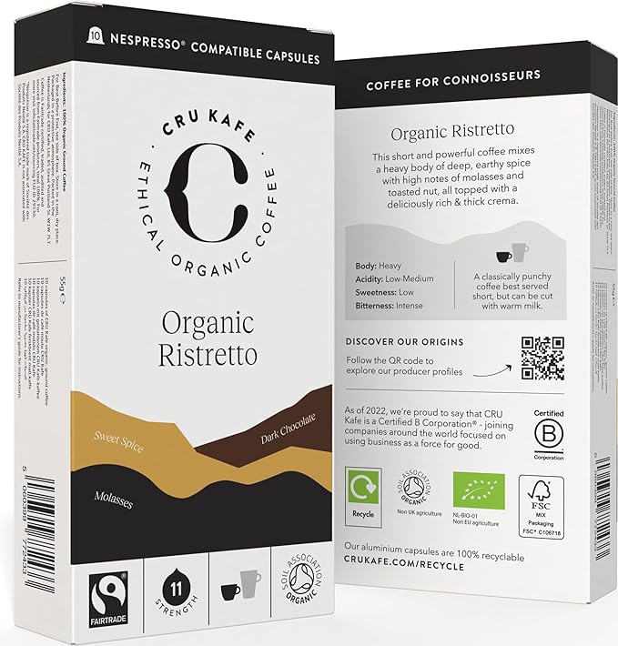 Cru Kafe Ristretto USDA Organic Espresso Coffee Capsules (50 Pods) Fairtrade Coffee Pods Compatible with Nespresso Original Line and Pixie Machines