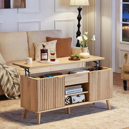 LEYAOYAO 48" Fluted Lift Top Coffee Table with Hidden Storage & Adjustable Shelves, Lifting Tabletop Large Rectangular Coffee Tables, Mid Century Modern Wood Center Table for Living Room, Natural