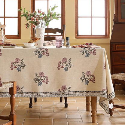Designer Linen Light Beige Long Tablecloth Rectangle,French Colorful Floral Table Cloth,Stain Resistant Decor Tablecloths for Dining Thanksgiving Christmas Kitchen,63"*94"-Helena E