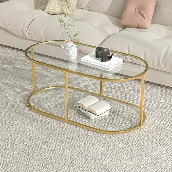 Coffee Table Gold Glass Coffee Table for Living Room,2 Tiers Oval Center Table with Sturdy Metal Frame,Modern Tempered Glass Accent Table for Bedroom Home Office
