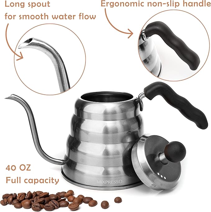 Mixpresso Gooseneck Pour Over Coffee Kettle, Barista Pour Control Design, Ideal for Coffee and Tea, High-Grade Stainless Steel 1.2 Liter 40 Oz, Induction Cooker Stovetop Kettle Stainless Steel