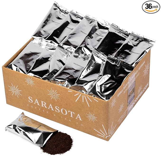 Sarasota Coffee Ground Packets | Gourmet Flavored Medium Roast Bulk Coffee Packs | Snickerdoodle | Low Acid Mold Free Singles Individual Pouches for 12 Cup Coffee Maker | 2 Ounce Bags, 36 Count