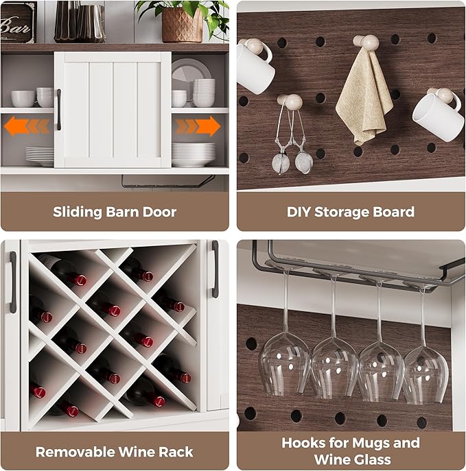 72" Coffee Bar Cabinet with Power Outlet & LED Light, Farmhouse Large Kitchen Hutch with Sliding Barn Door, Tall Bar Cabinets with Storage Drawers & Wine Glass Rack,Pantry China Cabinet for Home,White
