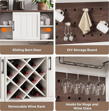 72" Coffee Bar Cabinet with Power Outlet & LED Light, Farmhouse Large Kitchen Hutch with Sliding Barn Door, Tall Bar Cabinets with Storage Drawers & Wine Glass Rack,Pantry China Cabinet for Home,White