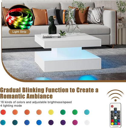 White LED Coffee Table for Living Room, Living Room Table 2-Tier Square Middle Center Table, Modern Coffee Tables with Storage, Wood Tea Tables for Dining Reception, Skin Feeling