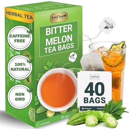 LeafLea Natural Bitter Melon Tea Bags, 40 Cundeamor Herbal Tea Bags – Melon Amargo Gohyah Fruit Tea | Wellness & Digestion Support | Caffeine-Free, Non-GMO, Sugar-Free, Vegan