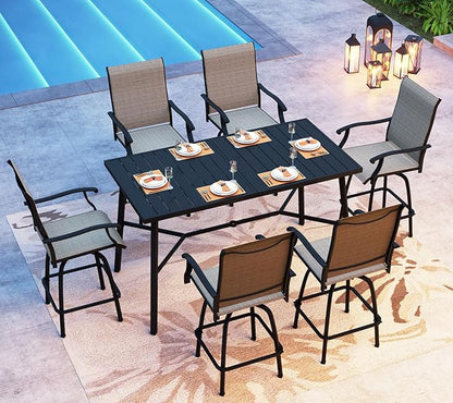 PHI VILLA Outoor Swivel Bar Stools Set of 6 with Armrest and Backrest, 30" Seat Height High Top Bar Height Patio Chairs, Brown Textilene Fabric