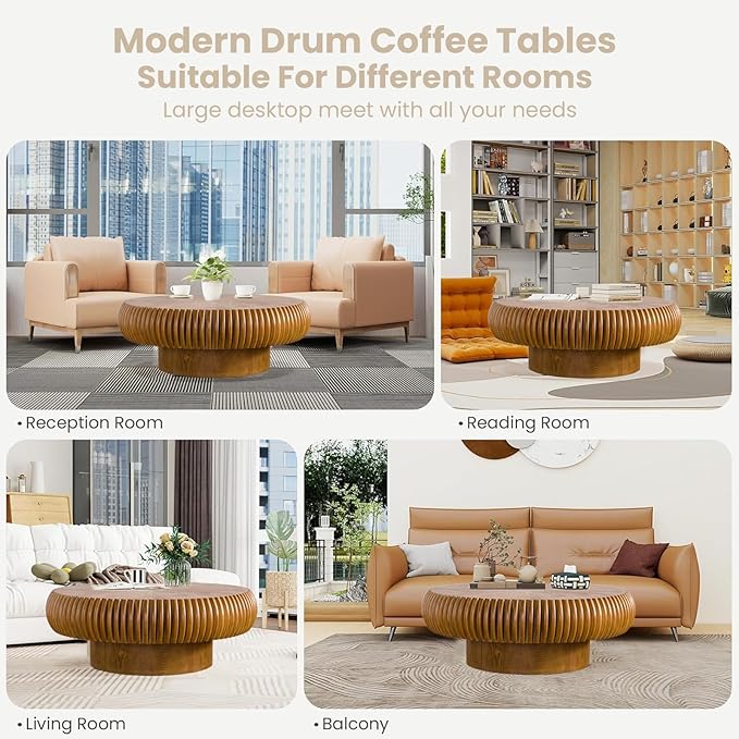Round Fluted Coffee Table Modern Handcraft Drum Coffee Table with Sturdy Pedestal 39.37" Farmhouse Center Table Tea Table for Living Room, Reception Room, Entertainment Room (Brown 39.37")