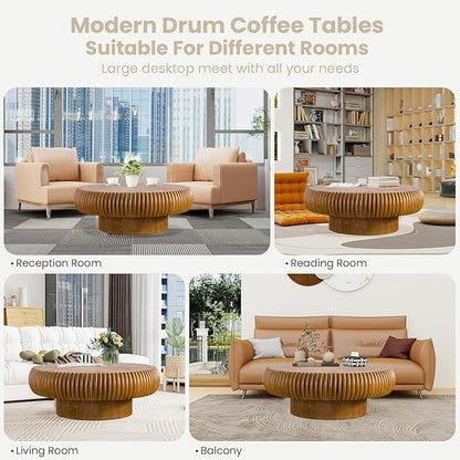 Round Fluted Coffee Table Modern Handcraft Drum Coffee Table with Sturdy Pedestal 39.37" Farmhouse Center Table Tea Table for Living Room, Reception Room, Entertainment Room (Brown 39.37")