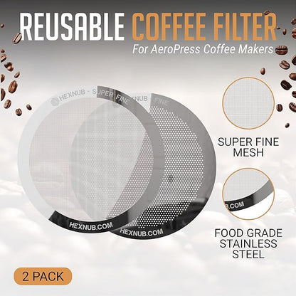 HEXNUB - Reusable Metal Filters for AeroPress Coffee Maker, Stainless Steel Filter Fits AeroPress Original & Go Cafe Press, Fuller Bodied Coffee Than Paper Filters - SILVER 2-PACK