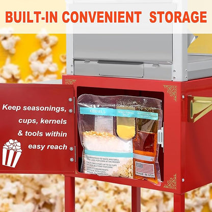 Popcorn Machine with Cart, 22oz Commercial Popcorn Maker Machine with Stainless Steel Kettle, Reject Kernel Tray, Warming Light and Steel Frame Tempered Glass Doors