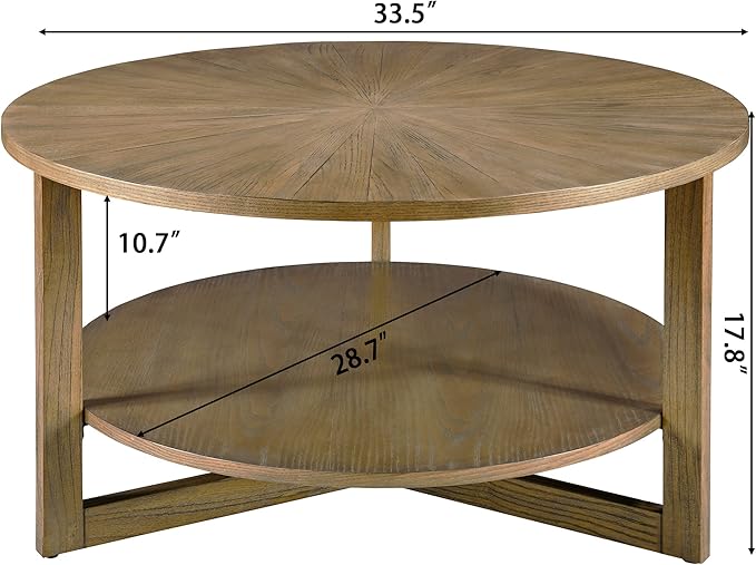 PADMA HOUSE 33.5" Round Wood Coffee Table, 2-Tier Solid Wood Rounded Circle Accent Coffee Table Center Cocktail Table Vintage Furniture for Home Living Room Bedroom,Yellowish Brown 3338
