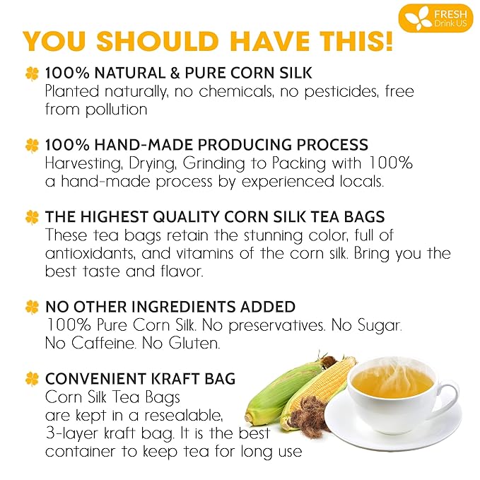 FreshDrinkUS, Premium 75 Tea Bags Corn Silk Tea, 100% Natural & Pure from Corn Silk. Herbal Tea. Clean Ingredients. Made with Natural Material Tea Bags. No Sugar, No Caffeine, Vegan.