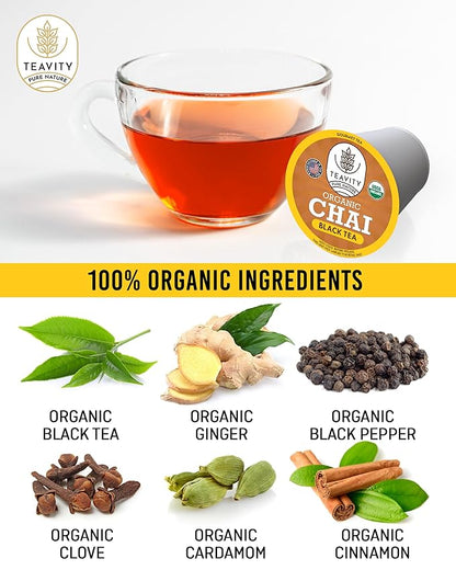 Organic Chai Black Tea Pods for Keurig Naturally Caffeinated by Teavity (12 Tea Pods)