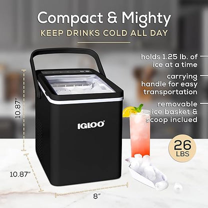 Igloo Premium Self-Cleaning Countertop Ice Maker Machine, Handled Portable Ice Maker, Produces 26 lbs. in 24 hrs. with Ice Cubes Ready in 6-8 Minutes, Comes with Ice Scoop and Basket