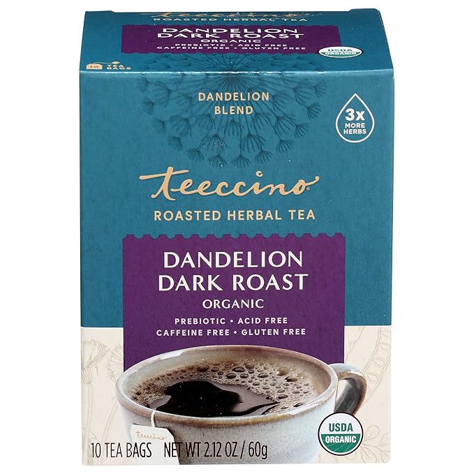 Teeccino Dandelion Dark Roast Tea - Caffeine Free, Organic, Roasted Herbal Tea with Prebiotics, 3x More Herbs than Regular Tea Bags - Gluten-Free, Acid-Free Coffee Alternative - 10 Tea Bags