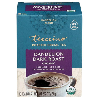 Teeccino Dandelion Dark Roast Tea - Caffeine Free, Organic, Roasted Herbal Tea with Prebiotics, 3x More Herbs than Regular Tea Bags - Gluten-Free, Acid-Free Coffee Alternative - 10 Tea Bags