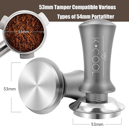 K COOL Espresso Tamper, Coffee Tamper, Premium Barista Tools Tamper with Calibrated Spring 30lb, 100% Stainless Steel Flat Base Tamper with Scale Mark for Espresso Coffee Machine (53mm, Silver)