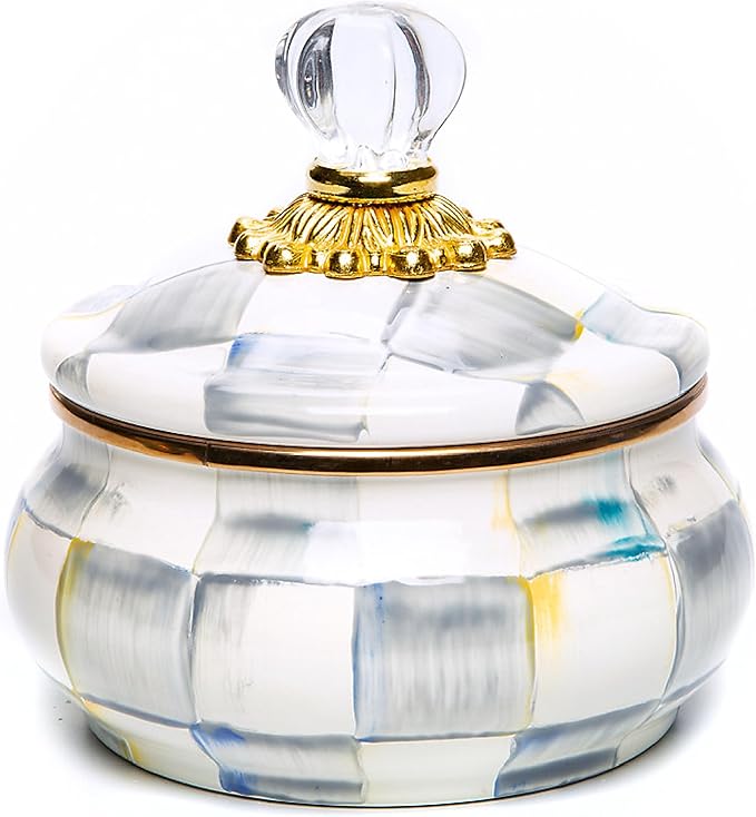 MACKENZIE-CHILDS Enamel Squashed Pot, Cute Enameled Container with Lid, 20 Ounces, Gray-and-White Sterling Check
