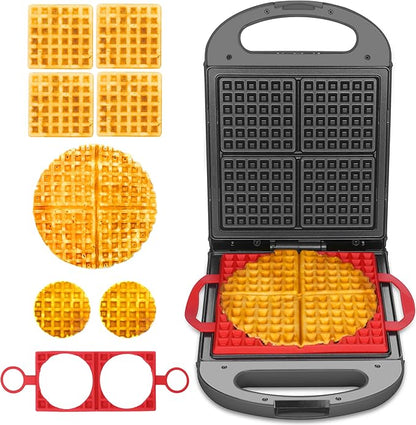 Baker's Friend Multi Shapes Waffle Iron Combo - Mini, American Classic, Belgian & Chaffle Maker, 2 Silicone Molds, Graphite