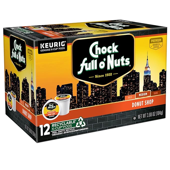 Chock Full o'Nuts Donut Shop Coffee, Compatible with K-Cup Pods, 12 CT (Pack of 6)