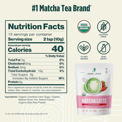 Jade Leaf Matcha Organic Cafe Style Strawberry Matcha Latte Green Tea Powder, Premium Barista Crafted Mix, Authentically Japanese, 15 Servings (5.3 Ounces)