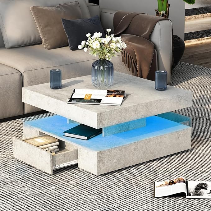 Grey LED Coffee Table with 2 Storage Drawers for Living Room Square Center Middle Table Modern Cocktail Table with Light 2-Tier Tea Tables Contemporary Mid Century Wood Home Office Waiting Room