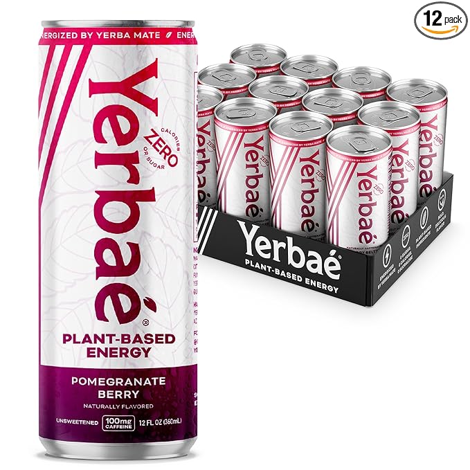 Yerbaé Energy Seltzer - Pomegranate Berry, No Sugar/Calories/Carbs. Energized by Yerba Mate, Naturally Caffeinated Plant-Based, Healthy Alternative to Coffee, Sugary Sodas, Pack of 12, 12oz cans