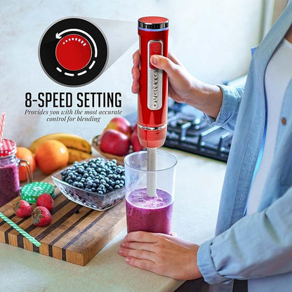 OVENTE Cordless Immersion Hand Blender, Rechargeable Handheld Portable Stick Mixer with 8 Mixing Speed Option, One-Touch Control and Stainless Steel Blades for Smoothies, Shakes or Soups, Red HR781R