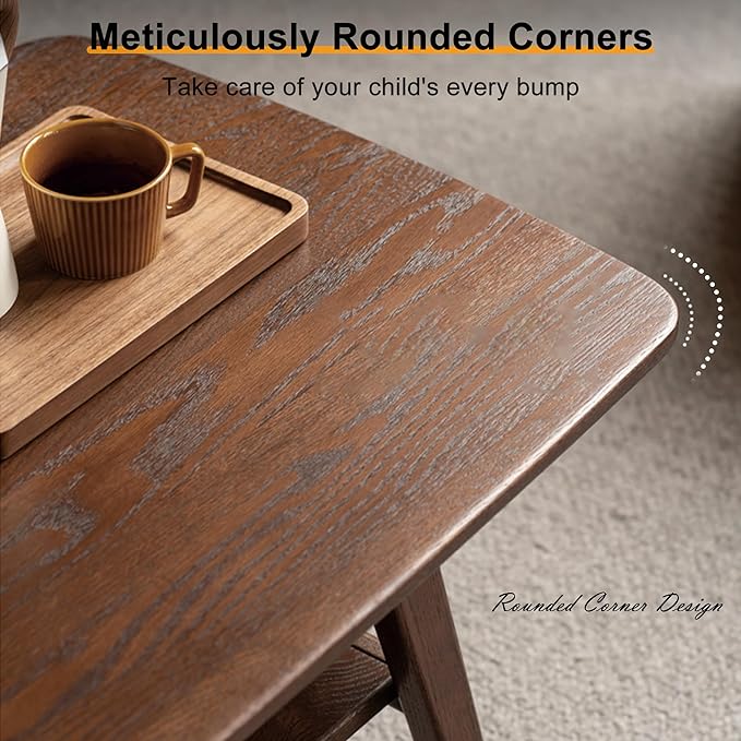 Modern Solid Wood Coffee Table, 2-Tier Small Wooden Coffee Table with Storage Shelf for Living Room, Apartment, Office, Walnut (40''D x 20''W x 18''H)