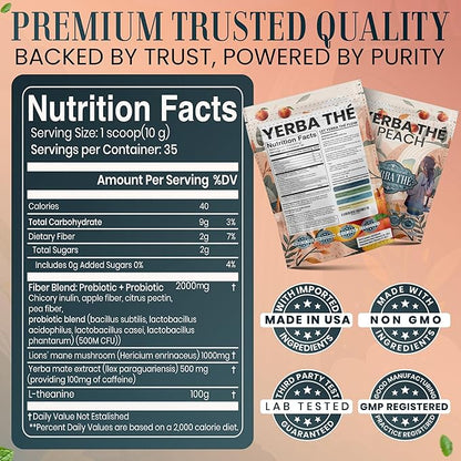 Ancient Diosa - Yerba Mate Tea Powder 350g, 35-Servings - Peach Flavor Clean Energy Drink Superfood - Support Gut Health with Probiotics and Prebiotics, Reduce Brain Fog, Relaxation and Focus Blend