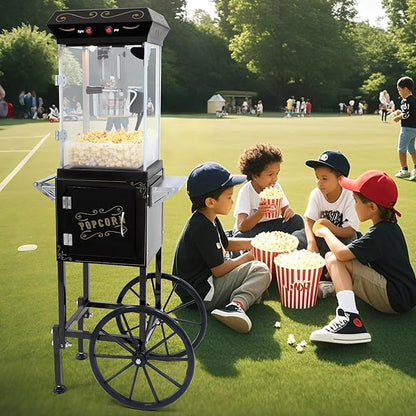 8OZ Popcorn Machine with Cart & Wheels 丨 Stainless Steel Kettle Popcorn Maker Machine for Home, Theater, Parties丨 Grade Electric Popper, Black