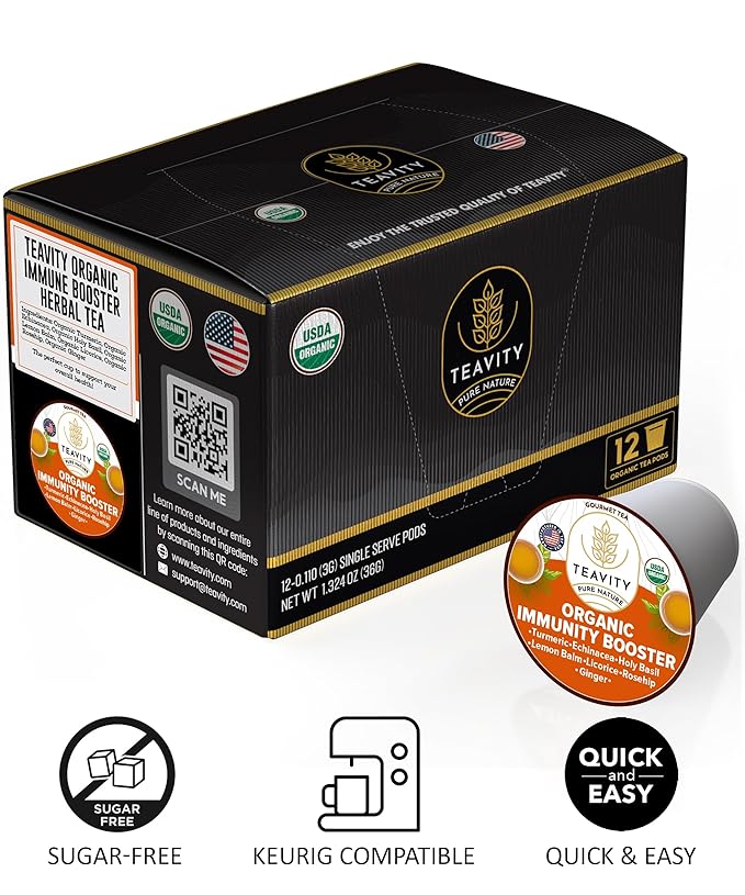 Organic Ginger Tea Pod with Echinacea, Turmeric, and Licorice for Keurig, Decaf by Teavity (12 Tea Pods)