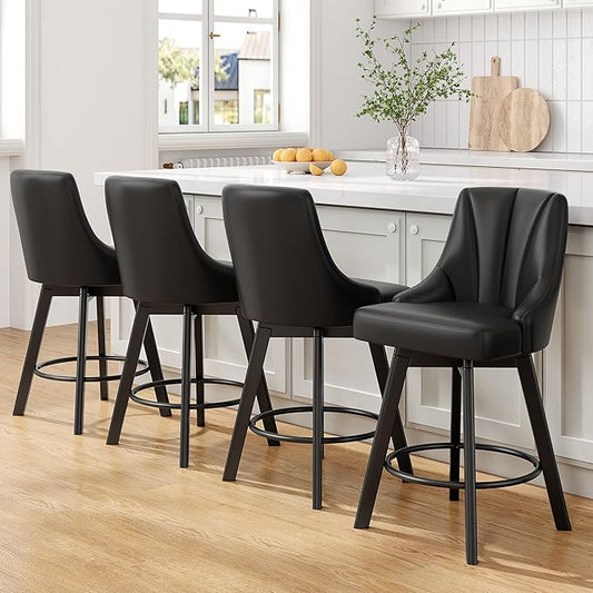 Swivel Bar Stools with Backs, 24" Counter Height Barstools Set of 4, PU Leather Upholstered Counter Bar Stools with Solid Wood Legs for Kitchen Island, Home Bar, Black