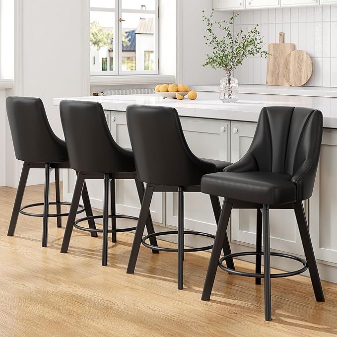 Swivel Bar Stools with Backs, 24" Counter Height Barstools Set of 4, PU Leather Upholstered Counter Bar Stools with Solid Wood Legs for Kitchen Island, Home Bar, Black