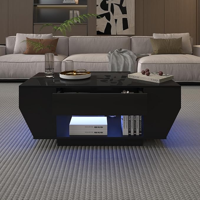 42" Black Modern Coffee Table for Living Room, High Glossy Wooden Living Room Table with Storage, Led Rectangular Coffee Tables with 2 Drawers, Wood Center Table for Reception Dinning Room