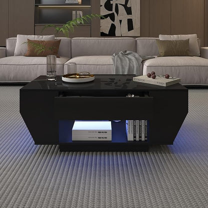 42" Black Modern Coffee Table for Living Room, High Glossy Wooden Living Room Table with Storage, Led Rectangular Coffee Tables with 2 Drawers, Wood Center Table for Reception Dinning Room