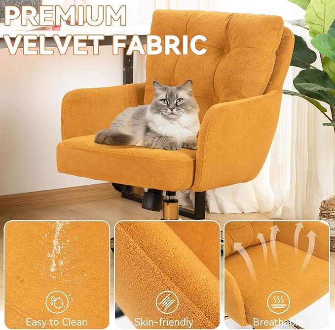 Flannel Office Chair, Comfy Home Office Desk Chairs with Lumbar Support, Modern Velvet Desk Chair Gold Legs Small Swivel Task Chair for Home Office, Bedroom, Study (Yellow, L)