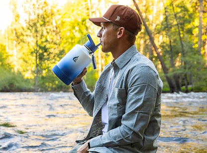 HYDRO CELL Stainless Steel Insulated Water Bottle with Straw - For Cold & Hot Drinks - Metal Vacuum Flask with Screw Cap and Modern Leakproof Sport Thermos for Adults (Navy/White 64oz)