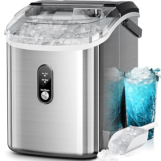 Kismile Nugget Ice Makers Countertop, Portable Sonic Ice Machine with Self-Cleaning/One-Click Operation for Home/Office(Silver)