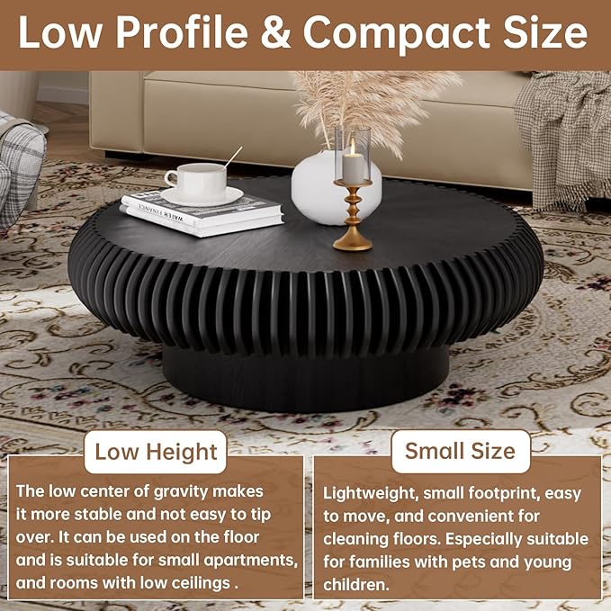 Round Coffee Table 39.3" Modern Black Fluted Coffee Table Low Round Drum Pedestal Coffee Tables for Living Room Farmhouse (Black 39.3 inch)