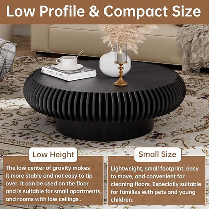 Round Coffee Table 39.3" Modern Black Fluted Coffee Table Low Round Drum Pedestal Coffee Tables for Living Room Farmhouse (Black 39.3 inch)
