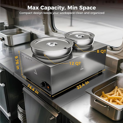 1200W Stainless Steel Electric Soup Warmer 20qt, Bain Marie Pot, Steam Table Food Warmer 86~185°F Adjustable Temp, Commercial Soup Kettle for Catering Restaurant Buffet