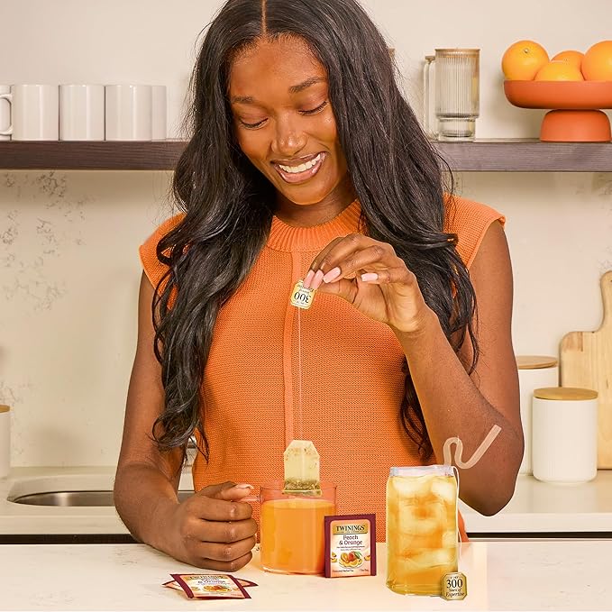 Twinings Peach & Orange Herbal Tea Individually Wrapped Bags, 20 Count (Pack of 2), Juicy & Fruity, Naturally Caffeine-Free, Enjoy Hot or Iced, 20 Teabags