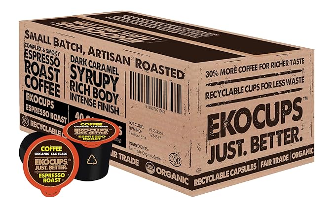 EKOCUPS Organic Espresso Roast Coffee Pods, Extra 30% More Coffee Per Cup, Artisan Fair Trade Dark Roast, Espresso Coffee for Keurig K Cup Machines, Recyclable Pods, 40 Count