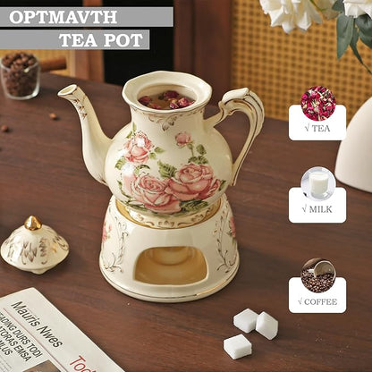 Vintage Ceramic Tea Pot, Heatable with Warmer, Decor for Party, Camping or Wedding, 25 oz/ 2 Cup, White with Pink Roses & Gold Trim