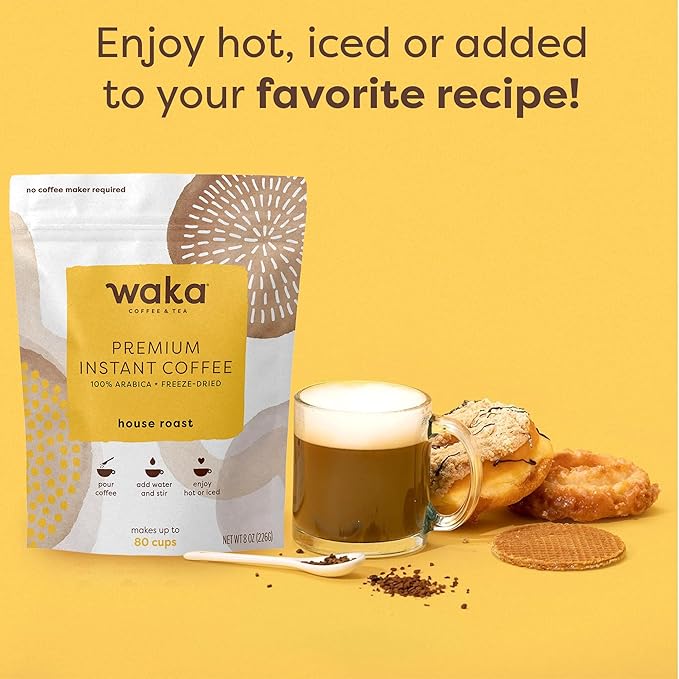 Waka Premium Instant Coffee Pouches — 100% Arabica Freeze Dried Beans — For Hot or Iced Coffee (8 Ounces, House Roast)