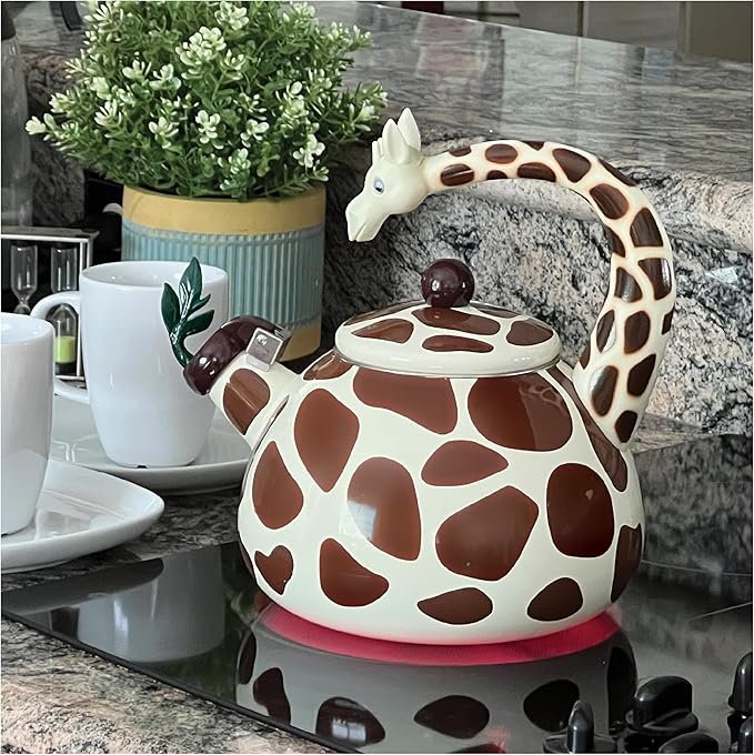 Trenton Gifts Giraffe Design Whistling Tea Kettle - Enamel on Steel Teakettle for Stove Top - Cute Kitchen Accessories - 2.1 Quart