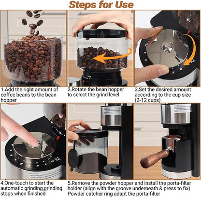 Electric Burr Coffee Grinder with 25 Grind Setting for 2-12 Cup Adjustable Stainless Steel Dosing Bean Mill Home Automatic Conical Freshly Ground Espresso Grinder with Cleaning Brush Black