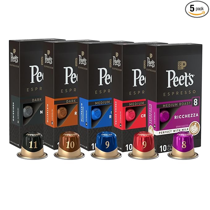 Peet's Coffee, Dark and Medium Roast Espresso Capsules Variety Pack with Decaf, Compatible with Nespresso Original Machine - Intensity 8-11, 50 Count (5 Boxes of 10 Espresso Capsules)